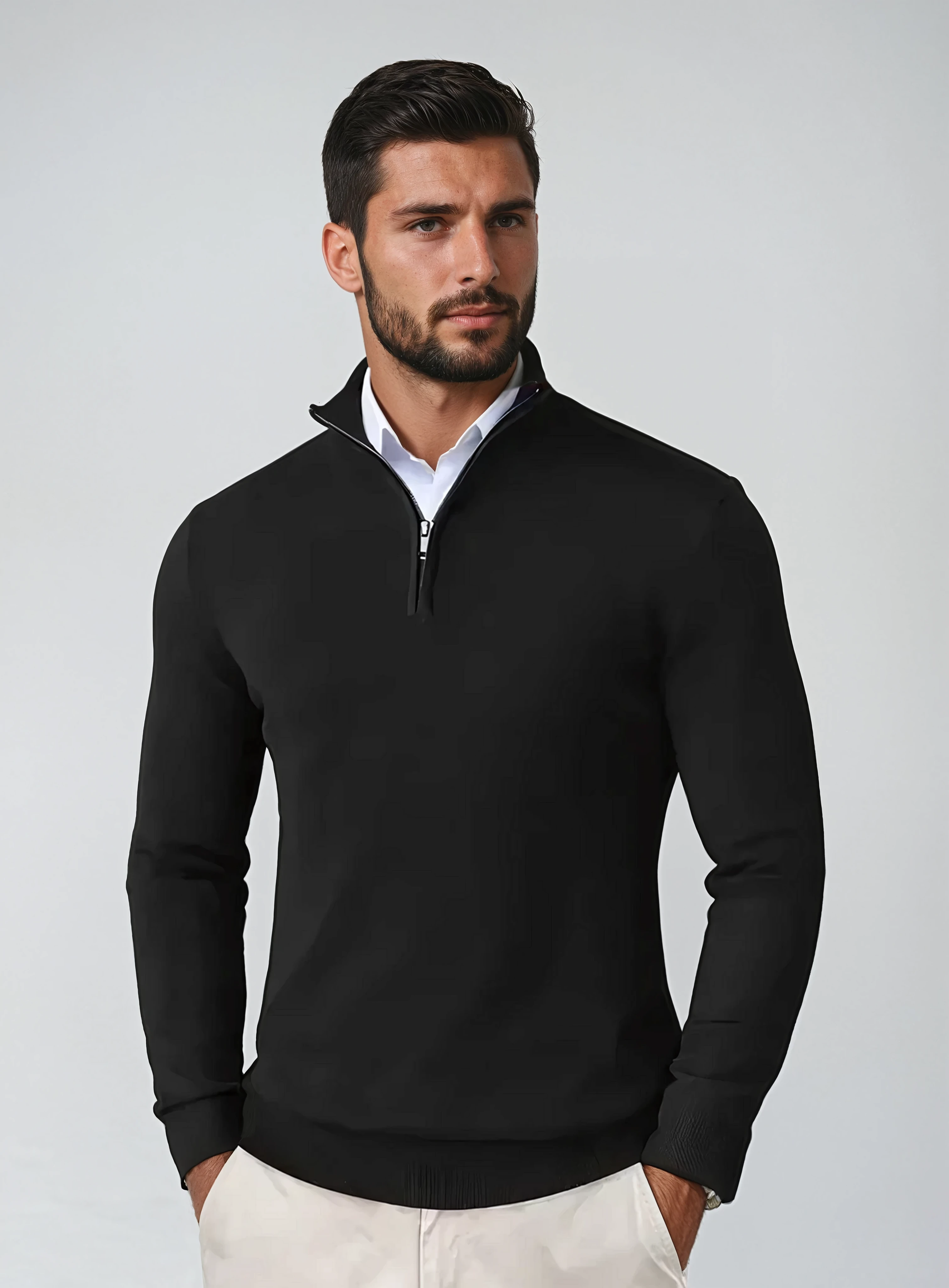 Mokum Alef Cotton Blend Pullover – Heren Regular Fit Quarter Zipper met Geribde Boorden